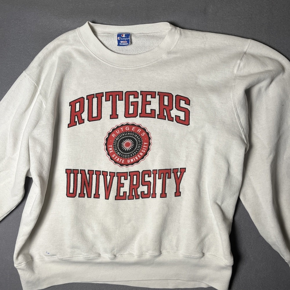 Champion Off-White Crewneck Sweatshirt with Red Rutgers Graphics